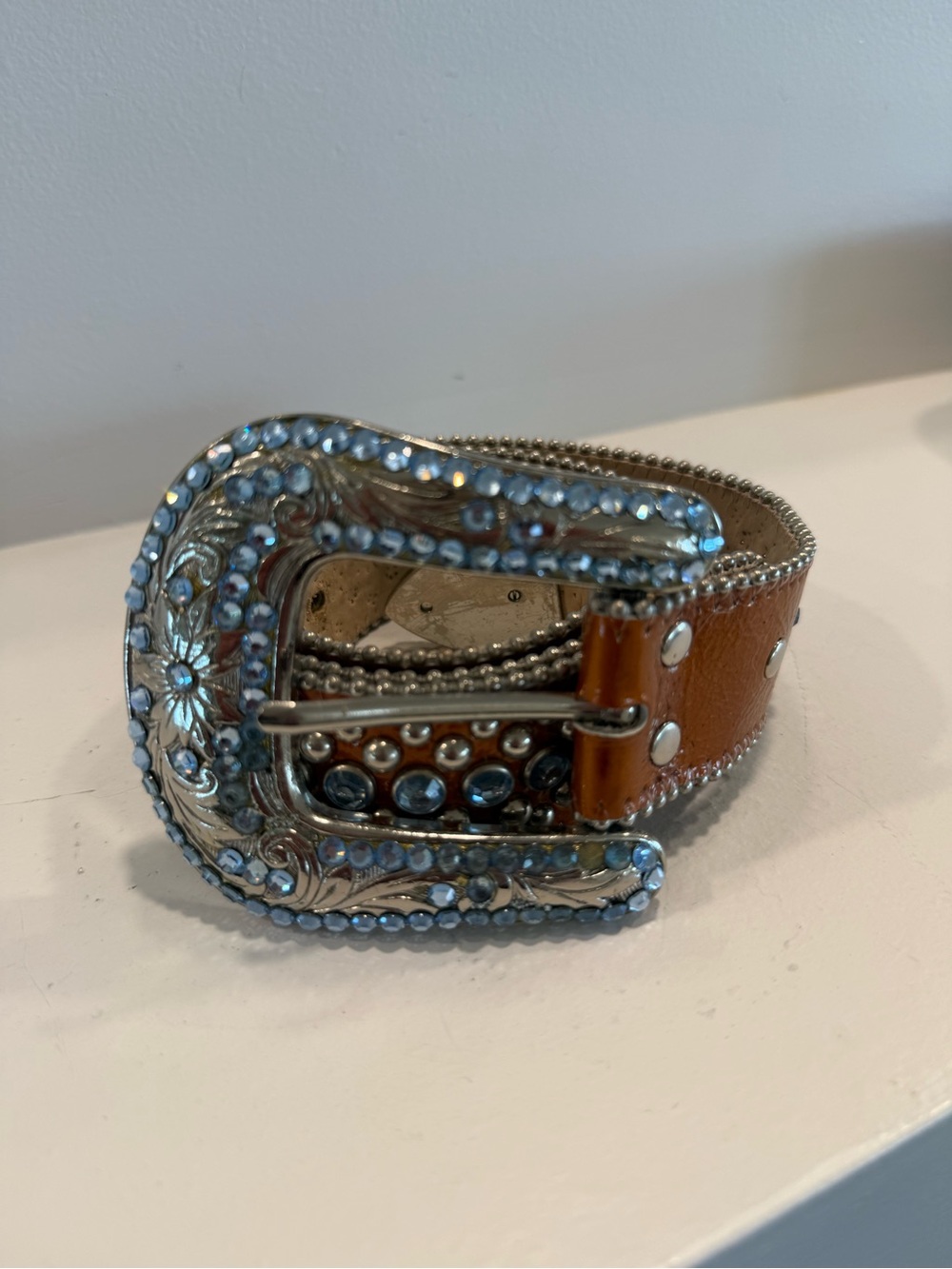 B.B. Simon Burnt Orange Leather Belt with Blue Swarovski Crystals
